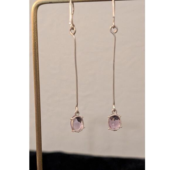 Vintage 925 Sterling Silver Long Bar Drop/Dangle Amethyst Gemstone Earrings - Picture 4 of 6